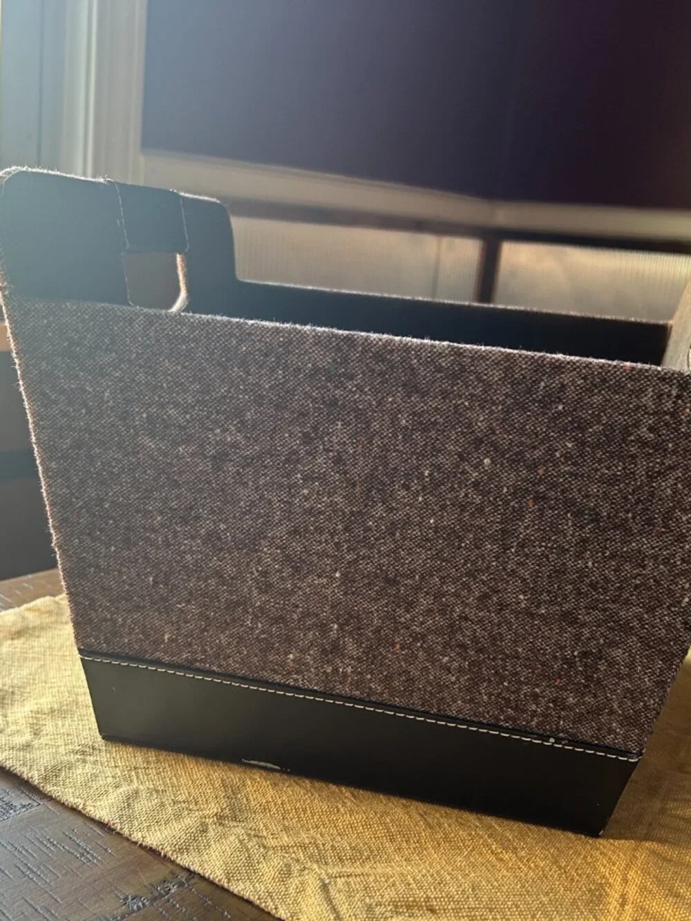 Tastefully Simple  Felt Storage basket   brown  leather   with brown and white f